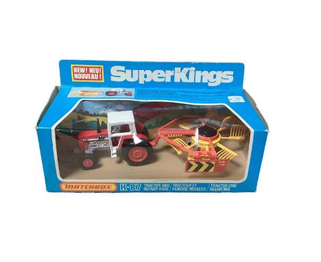 Matchbox Super Kings Farm Unimog K-32, Massey Ferguson Tractor &amp; Trailer K-35, Tractor &amp; Rotary Rake K-87, all boxed 