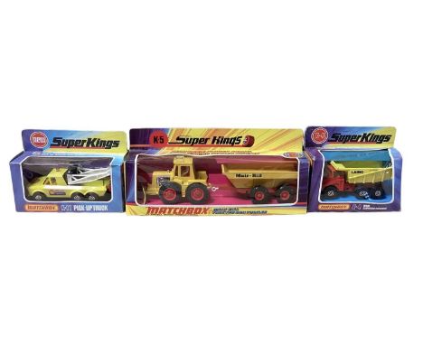 Matchbox Super Kings Muir Hill Tractor &amp; Trailer K-5, Peterbilt Tipper Truck K105, Bedford Skip Truck K-28, Pick-Up Truck