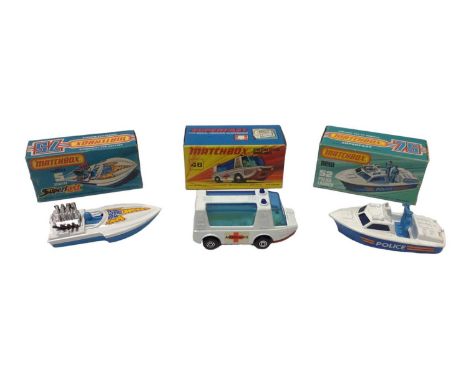 Matchbox Superfast 1-75 models No. 23 Atlas truck, No. 46 Stretcha Fetcha ambulance, No. 21 rod roller, No. 42 Mercede contai
