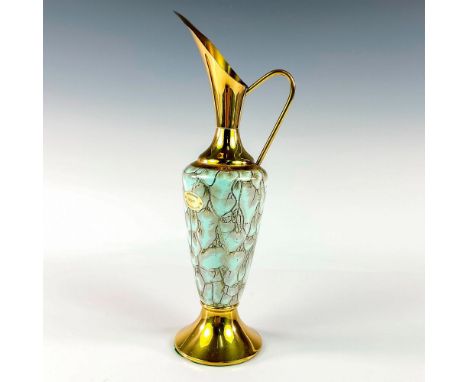 Turquoise toned with lustre finish &amp; branch patterning. Brass accented handle, spout, and base.Gold Delft sticker on fron