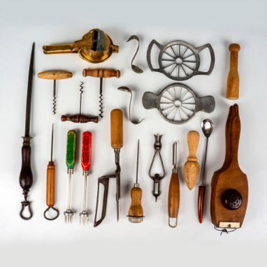 This vintage grouping of kitchen and cocktail utensils features 2 Chip-Chop wooden handled ice picks with cocktail recipes pr