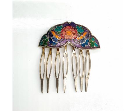 Gorgeous silver tone comb with colorful cloisonne flower design. Condition: Age related wear. Some minor chips in the enamel.