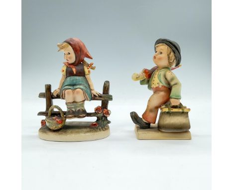 Two charming collectible figurines. Just Resting, 112/1 is a sweet little girl with a scarf sitting on a fence. Merry Wandere