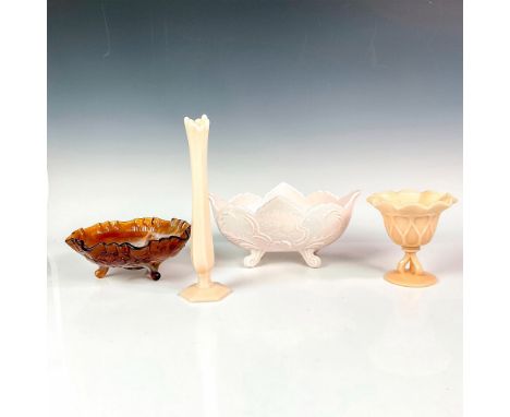 Includes 1 Jeanette Lombardi pink milk glass footed bowl, 1 Imperial Glass Carmel Slag Bowl, 1 Westmoreland Milk Glass Compot