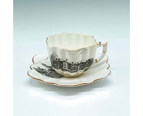 Graphic black and white design of The Curtis Hotel and Town Hall with gilt edges on rim, handle and base. Set includes teacup