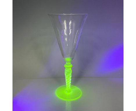 Lovely fine tulip shaped bowl with twisted stem which is uranium glass. Issued: 20th centuryDimensions: 3.75"L x 2.75"W x 8"H