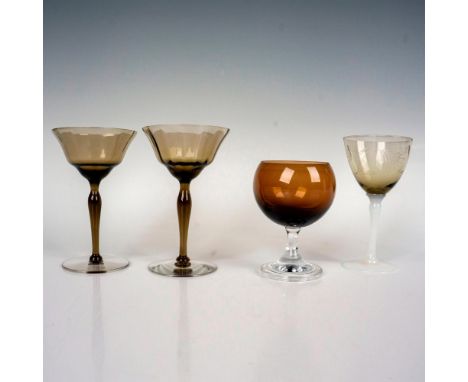 Includes 2 brown cordial glasses with clear round base, 1 brown etched glass with white glass stem and 1 Fostoria brandy glas