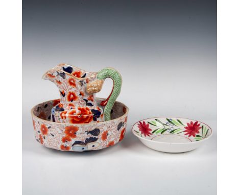Vintage Victorian ewer and basin hand-painted in vibrant poppy red with cobalt blue accents and gold gilt. The ewer features 