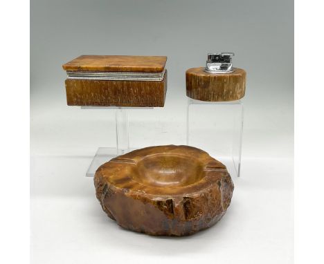 Amber colored alabaster set. Ashtray 6.5"L x 6.5"W x 2"H. Lidded box 5.25"L x 3.75"W x 2.25"H. Lighter in stand 3.5"L x 2.75"