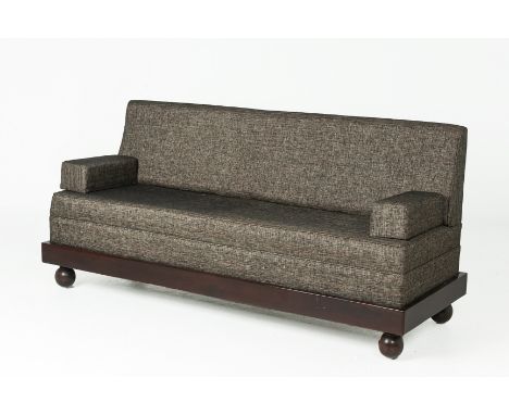 A CONTEMPORARY GREY UPHOLSTERED SOFA
With a hardwood base on bun feet
80cm H x 164cm W x 64cm D
Condition: For a condition re