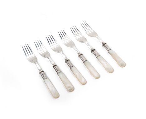 A SET OF SIX SILVER MOUNTED MOTHER OF PEARL DESSERT FORKS
With silver plated prongs, the mother of pearl handles with silver 