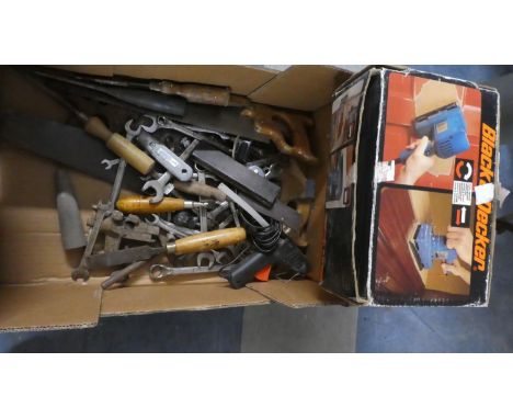 A Box of Tools to Include Saws, Spanners, Chisels and a Black and Decker Orbital Sander 