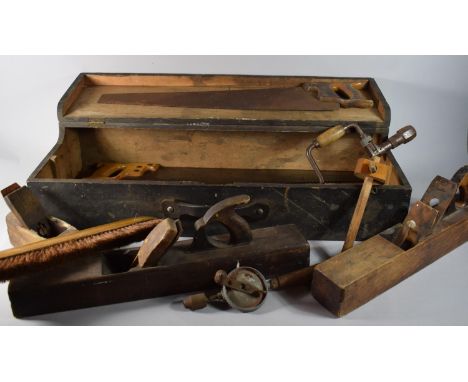 A Vintage Carpenters Tool Chest Containing a Collection of Tools to Include Wood Planes, Saw Etc. 