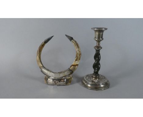 A White Metal and Wild Boar Tusk Sporting Trophy and Silver Mounted Candlestick (Both AF) 