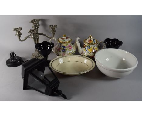 A Box of Odds to Include Teapots, Plated Candelabra, Lantern, Ceramics Etc. 