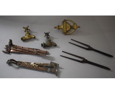 A Collection of Metalwares to Include Brass Urn Door Knocker, Iron Tongs, Taps, Window Latches, Etc. 