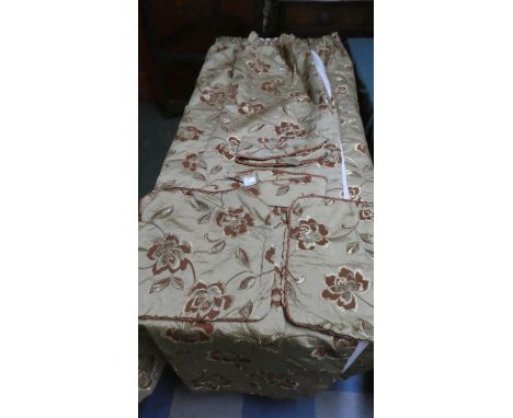 A Pair of Gilt Floral Curtains with Two Tie Backs and Two Cushion Covers, 221cms Drop and 112cms Wide 