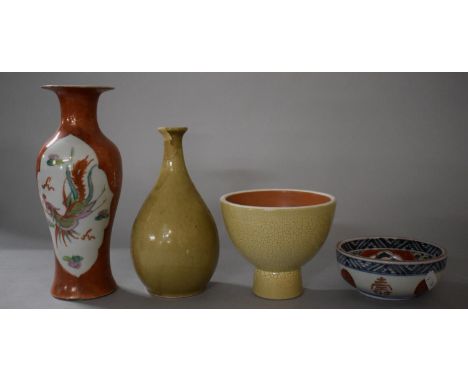 A Collection of Oriental Ceramics to Include Reproduction Stem Cup, Glazed Chinese Bottle, Phoenix and Dragon Decorated Vase 