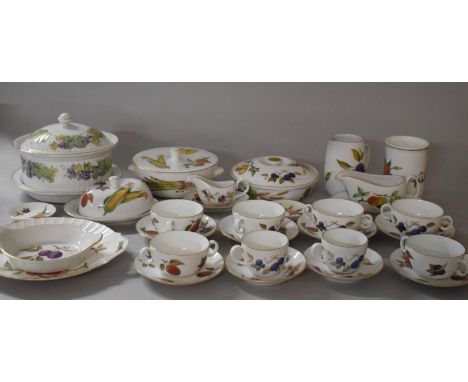 A Collection of Royal Worcester Evesham Dinner and Teawares to Include Lidded Tureens, Two Handle Cake Plate, Soup Bowls, Tea