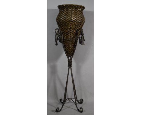 A Modern Wrought Iron and Wicker Planter of Amphora Form with Swags, 102.5cms High 