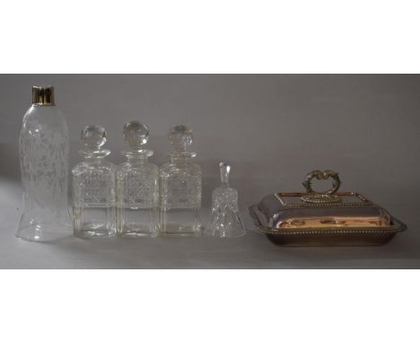 A Small Collection of Glassware to Include a Set of Three Heavy Cut Glass Tantalus/Spirit Decanters Together with a Silver Pl