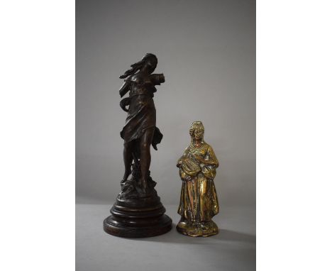 A French Spelter Figure, 'Messagerie Par Aug. Moreau' (af) 32cms High Together with a Cast Brass Study of a Standing Maiden P