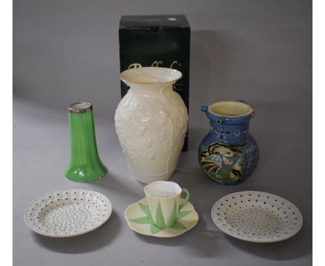 A Collection of Ceramics to Include Boxed Belleek Vase, Stoneware Puzzle Jug (AF), Shelley Cup and Saucers, Carltonware Green