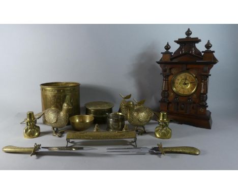An American Mantel Clock, (Wormed Case) and a Collection of Brass Ornaments Including a Pair of Pheasants 
