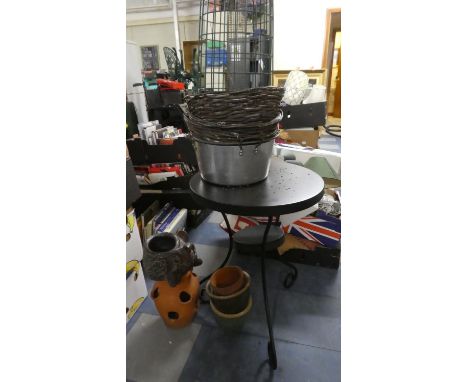 A Circular Metal Garden Table, Hanging Baskets, Planters, Bird Feeder Etc. 