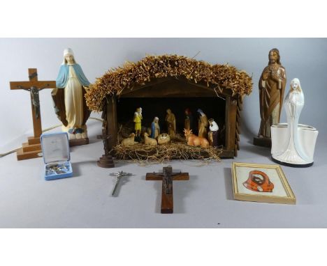 A Christmas Nativity Crib with light, Religious Figures, Crucifix Etc. 