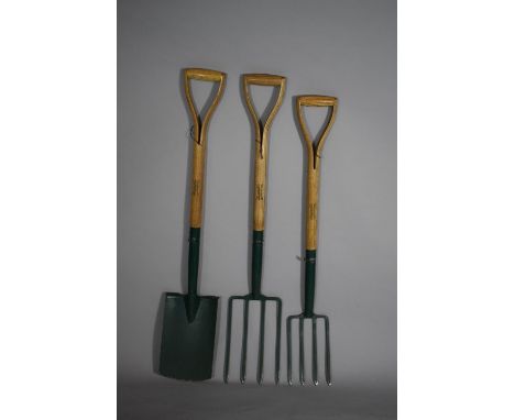 Two Wooden Handled Wilkinson Sword Garden Forks and a Matching Spade 