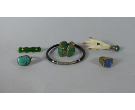 A Small Collection of Jade and Stone Mounted Costume Jewellery, Scottish Brooch Etc. 