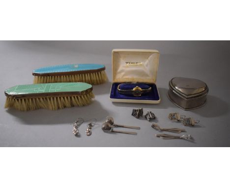 A Collection of Silver and White Metal Earrings Together with a Ladies Boxed Timex Watch, Enamelled Hair Brushes and a Heart 