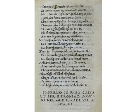 [Petrarca (Francesco) 1304-1374] [Opere Volgari (Sonetti et Canzoni. Trionfi)]. Impresso in Fano Caesaris per Hieronimo Sonci
