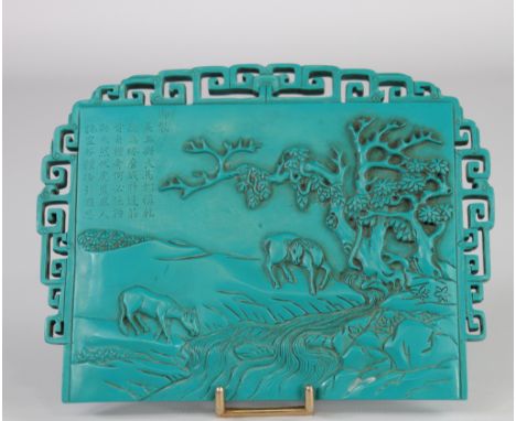 Chinese stone plaque with horse decoration, engraved with a poem - Sizes: H=110mm L=150mm - Weight (K): 0,395kg - Condition: 