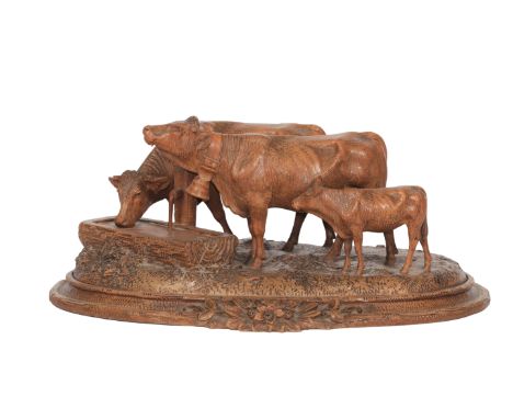 Switzerland, cows at the watering trough in finely carved wood, work from the black forest around 1900 - Sizes: H=165mm L=370