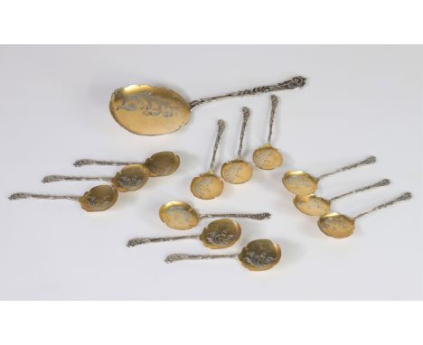 12 silver spoons and ice cream scoop, late 19th century, silver and vermeil Punch neck brace and punch of Henri Soufflot (188