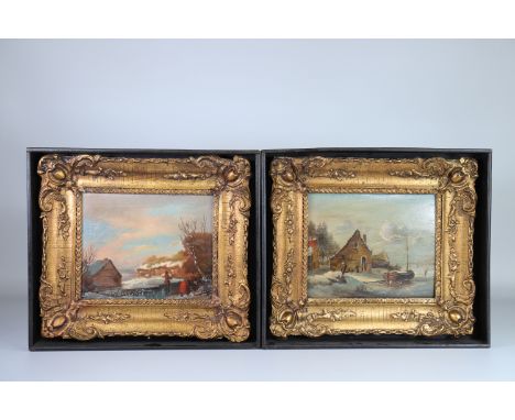 Pair of Dutch paintings 19th - Sizes: Cadre H=400mm L=360mm Toile H=200mm L=250mm - Weight (K): 3,3kg - Condition: at first g