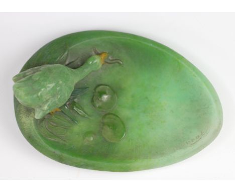 Amalric WALTER (1870-1959) and C. MOUROT (XXth). Â«GooseÂ» Storage compartment in green colored glass paste decoration of a g