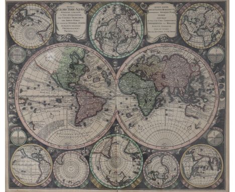 Seutter 1720 Engraved double hemisphere map of the world, surrounded by 8 projections - Sizes: Cadre L=735mm H=655mm Carte L=