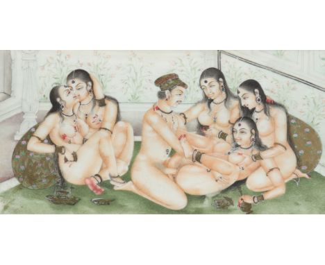 Miniature on ivory erotic scene - India - early 20th C. - Sizes: Avec Cadre: H: 220 mm L: 325 mm Hors Cadre: H: 100 mm L: 200