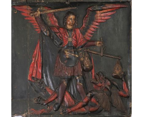 Exceptional panel carved in polychrome relief from the 17th century Saint Michael and the Devil - Sizes: H: 830 mm L: 860 mm 
