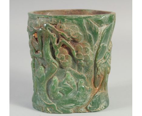 A GOOD CARVED JADE BRUSH POT. 6ins high.
