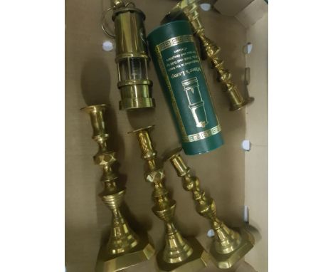 A Collection of Brassware to include Two Pairs of Brass Candlestick together with a Souvenir Brass Miners Lamp 
