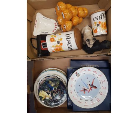 A mixed collection of ceramic items to include Crown Devon vintage coffee and biscuit storage jars, Wade pub advertising jug 