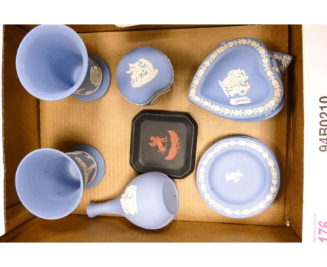 Wedgwood Jasperware items to include blue jasperware vases, lidded trinket pot, pin dishes and a black &amp; terracotta Egypt