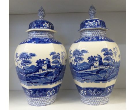 A pair of Spode blue Tower pattern temple jars (height 40cm)(small chip to top rim of one of the jars)