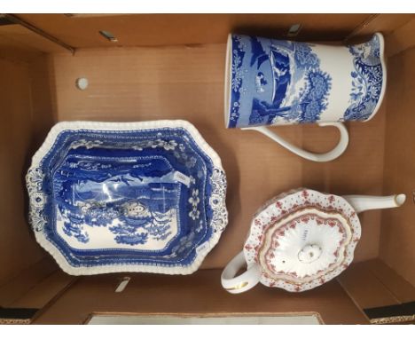 A mixed collection of spode ceramic items to inlude fleur de lys red tea pot, blue tower pattern lidded tureen and Italian pa