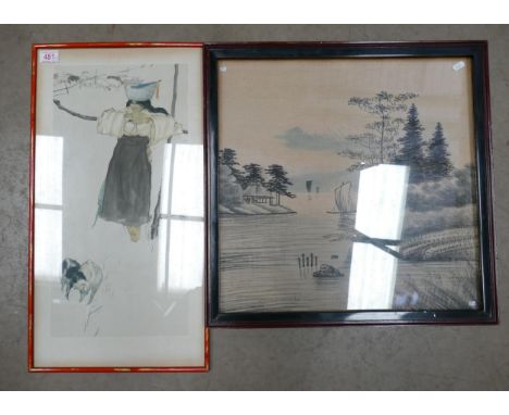 A Pair of Japanese Artworks; one black ink painting on material together with a print of a ukiyo-e in red frame 