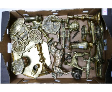 A collection of brass to include candlestick, cannons, tray, animal figures etc ( 1 tray) 